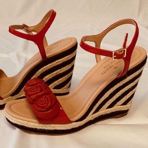 kate Spade Red Rosette/Black Stripe Wedge Sandals